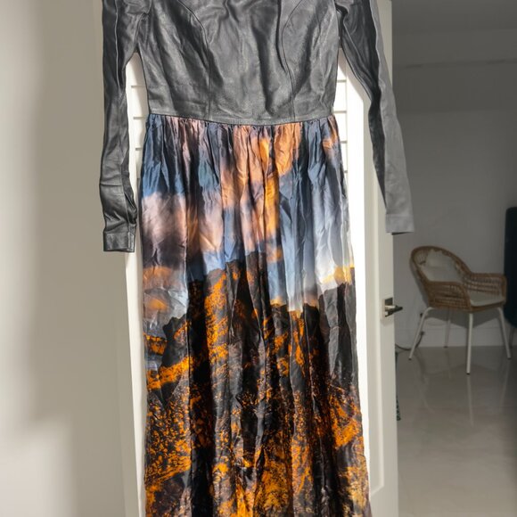 Zeynep Tosun Leather Bodice Maxi Dress – Gold Hardware, Printed Skirt, Designer - Picture 3 of 3
